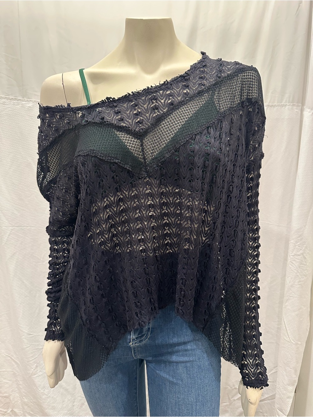 Free People Black Sheer Off-Shoulder Knit Sweater